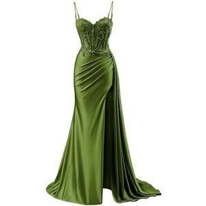 KURFACE Satijnen galajurken voor dames met split kant applicatie spaghettibandjes beroemdheden optocht jurk formele jurk, Olijfgroen, 32