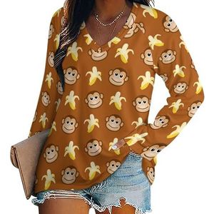 Monkeys Love Banana Casual T-shirts met lange mouwen voor dames V-hals bedrukte grafische blouses Tee Tops 3XL