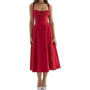Print Bustier Sundress, Cutout Backless, Spaghetti Strap Sleeveless Split, Women's Summer Beach Casual Maxi Dress (M,Red)
