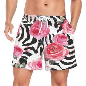 Niigeu Rose Flower Zebra Skin Print Heren Zwembroek Shorts Sneldrogend met Zakken, Leuke mode, S