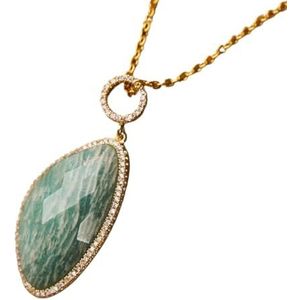 Natural Sunstone Pendant With Micro Zircon Women Classic Fashion Crystal Real 18k Gold Short Choker Necklace Party Jewelry Gifts (Color : Amazonite)