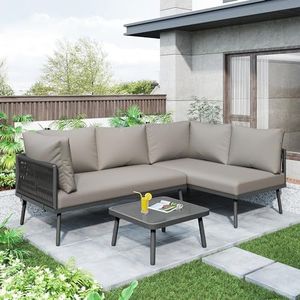 Merax Lounge meubels outdoor terrasmeubels buiten tuin lounge tuin lounge outdoor met zitkussen, verstelbare poten, 2 banken en 1 tafel grijs