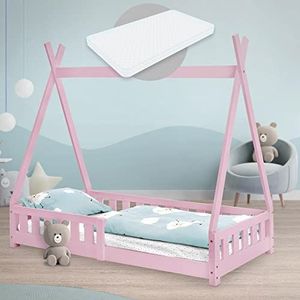 ECD Germany - Tipi Kinderbed - Roze - Dennenhout - Incl. Matras H-10cm