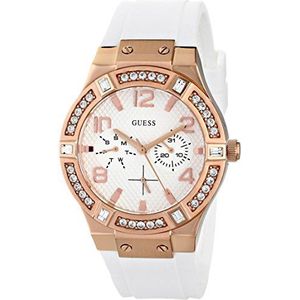 GUESS Women's U0426L1 Stunning Rose Gold-Tone Multi-Function Watch on a Comfortable White Silicone Band with Day & Date Functions