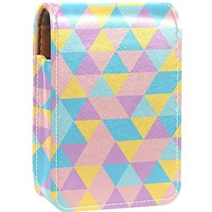 Blauw Paars Geel Roze Driehoeken Mozaïek Draagbare Lipstick Case voor Reizen, Mini Lipstick Opbergdoos met Spiegel voor Vrouwen Dames, Lederen Cosmetische Pouch, Meerkleurig, 9.5x2x7 cm/3.7x0.8x2.7 in