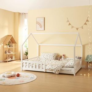 [en.casa] Kinderbed Hesel huisbed wit 140x200 cm met uitvalbeveiliging en lattenbodem vloerbed jeugdbed houten bed