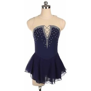 UPPJPBSW Dames Ijsfiguurschaatsjurk Stretch Mesh Diamant Mouwloos Ijsdanspak Competitie Dans Meisjes,Navy blue,XXS