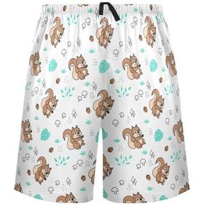 LI ZHI XIN Herenpyjamabroek, korte pyjamabroek, zomer casual shorts, elastische taille met trekkoord, rechte buis losse pasvorm met 2 zakken, S-XXL dieren eekhoorns bladeren noten, Meerkleurig, S