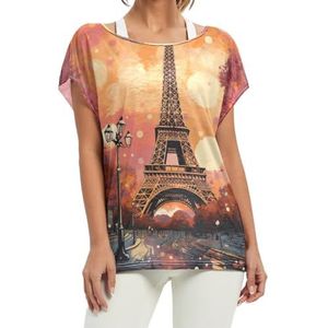 Herfst Parijs Toren dames korte vleermuismouwen shirt ronde hals T-shirts losse tops voor meisjes, Patroon, XL