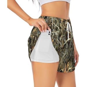 Camo Geel & Groen Print Vrouwen Hoge Taille Atletische Workout Shorts Dubbellaagse Gym Shorts Casual Comfortabele Sport Shorts, Wit, L