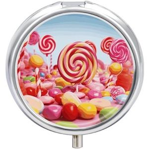 Sweet Candy Pillendoos, Reismedicijnpillendoosje met spiegel, draagbare ronde pillenorganizer, wekelijkse medicijnpillenhouder voor zak of portemonnee, dagelijkse medicijnen