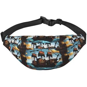 Cartoon piraat schip mannen en vrouwen universele verstelbare riem wandelen reizen hardlopen grote waterdichte crossbody tas heuptas, Zwart, Eén maat