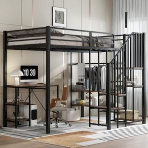 IJzeren bed, stapelbed, geschikt voor kinderen en jongeren, hoekladderkast met opbergruimte, met tafel en opbergrek, met open kledingkast, ijzer + MDF, zwart + vintage houtkleur, 120 x 200 cm