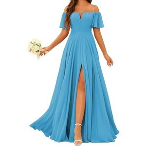 Prinses Bruidsmeisje Jurken Off Shoulder Prom Jurken Plooien Chiffon Formele Avond Party Maxi Jurk met Split ZMK196, Oceaan Blauw, 32