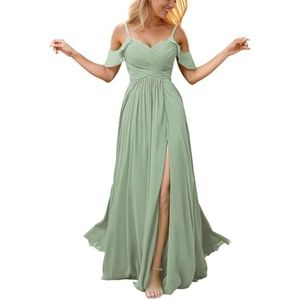Chiffon galajurken met spleetplooien, bruidsmeisjesjurken voor bruiloft, cocktailjurk, grote maten, Sage Groen, 34