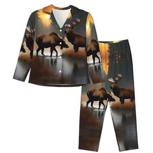 JEJEA Herten beer eland print comfortabele 2-delige nachtkleding lounge set pyjama set lange mouw nachtkleding nachtkleding, Zwart, S