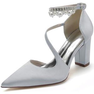 GHSIRUEU Vrouwen Gesloten Puntige Teen Hoge Hoge Hakken Pompen met parels enkelbandje Blokhak bruids zakelijke jurk schoenen,Zilver,36 EU