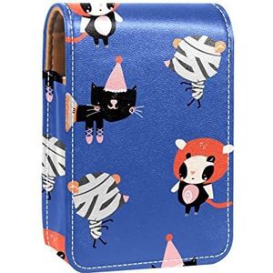 Cartoon katten in Halloween kostuums patroon draagbare lippenstift case voor reizen, Mini lippenstift opbergdoos met spiegel voor vrouwen dames, lederen cosmetische etui, Meerkleurig, 9.5x2x7 cm/3.7x0.8x2.7 in