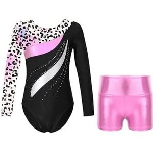 LYHYDMA Gymnastiekpak met lange mouwen, balletpak voor kinderen, trainingspak met shorts, danskleding, set voor meisjes, yoga, unitard, Luipaard, 6