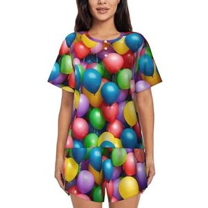 YJxoZH Kleurrijke Ballonnen Blauwe Hemel Print Vrouwen Zomer Pyjama Sets Nachtkleding Dames Korte Mouw Nachtkleding Pjs Lounge Met Zakken, Zwart, XL