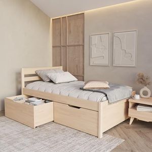 120x200 cm houten bed met hoofdeinde - Triin Scandi Style hoogslaper zonder lattenbodem incl. lattenbodem 2 opbergladen - Natuurlijke kleur - Draagvermogen 350 kg