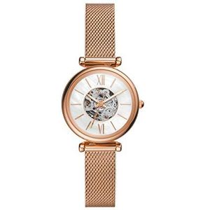 Fossil Carlie horloge voor dames, automatisch uurwerk met roestvrij stalen horlogeband of leren band, Wit en roségoudkleur