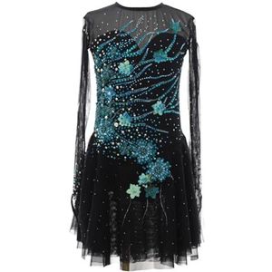 Kunstschaatsjurk met lange mouwen, schaatskleding met pailletten for wedstrijden, mesh tutu, aanpasbaar(4XL)