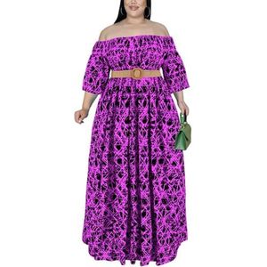 Dames Plus Size Sexy Off Shoulder Halve Mouw Bedrukte Maxi-jurk Hoge Taille A-lijn Vloeiend Grote Swing Vakantiejurk (Color : Purple, Size : XXL)
