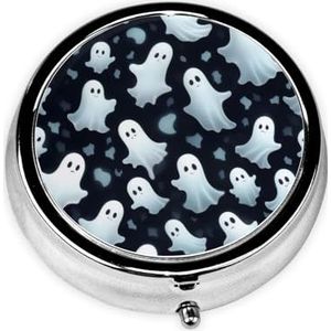 Ronde pillendoos schattig wit geest Halloween patroon - 3 compartimenten geneeskunde pillenetui, waterdicht, zak pillenorganisator, draagbaar voor zak of portemonnee pillendozen
