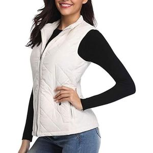 Gewatteerd Damesvest, Lichtgewicht Gewatteerd Gilet Met Opstaande Kraag, Rits en Zakken, Mouwloos Jack Met Rits(White,XXL)