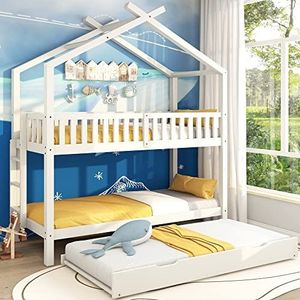 Idemon Huisbed, kinderbed, jeugdbed, 90x200 cm, drie bedden, uittrekbaar, ruimtebesparend design, wit