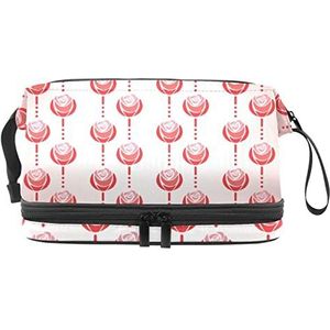 Dubbele Laag Cosmetische Tas Roze Rozen en Lijnen Draagbare Make-up Tas Travel Organizer Pouch voor Vrouwen Meisjes Toiletartikelen Tassen, Meerkleurig, 27x15x14 cm/10.6x5.9x5.5 in, Make-up zakje