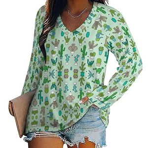 Mint Cactus T-shirts voor dames, lange mouwen, V-hals, herfst, tops, trui, tuniek, T-shirt voor leggings