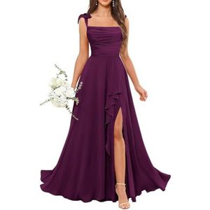 Dames chiffon bruidsmeisjes jurken met split lange galajurken ruches cocktailjurk plus size, Pruim, 32
