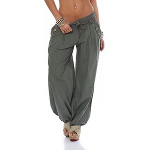 malito dames pofbroek in effen kleuren | lichte stoffen broek | super Vrijetijdsbroek voor aan het strand | Harembroek - nochalant 3417 (olijf)