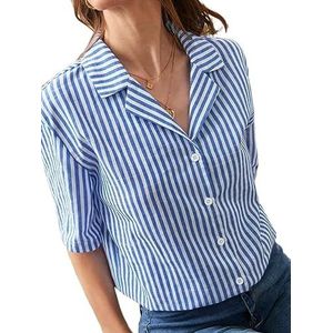 dames topjes Gestreept overhemd met knopen aan de voorkant - Casual reversoverhemd met halve mouwen en losse pasvorm (Color : Blue and White, Size : Small)