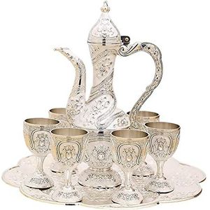 Sake Cup Set Vintage Turkse koffiepot Set Model met 6 kopjes, lade Theepot Medium Theesets Wijnglazen kruik Set Metalen vlaggenset voor Home Decor Ornament, Rood (kleur: Argent wit)