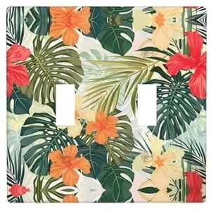 ZhaoYuGoods Vegetatie Bladeren met Hibiscus Bloemen Print Muurplaat, Dubbele Toggle Lichtschakelaar Outlet Cover 2-Gang 11,4 cm x 11,4 cm, PC Decoratieve Voorplaat voor Thuis & Kantoor