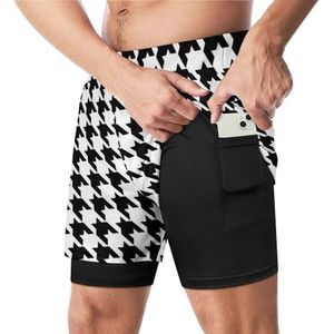Houndstooth Blackwhite Grappige Zwembroek met Compressie Liner & Pocket Voor Mannen Board Zwemmen Sport Shorts