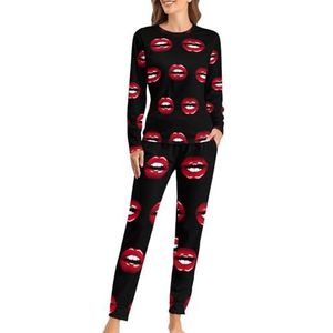 Rode lippen zachte damespyjama met lange mouwen warme pasvorm pyjama loungewear sets met zakken 5XL