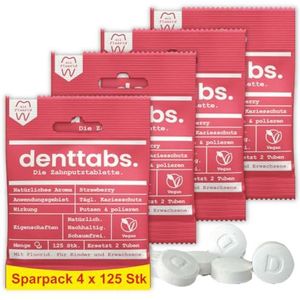 Tandpoetstabletten Denttabs Kids Strawberry (4x125stk) plasticvrij met fluoride
