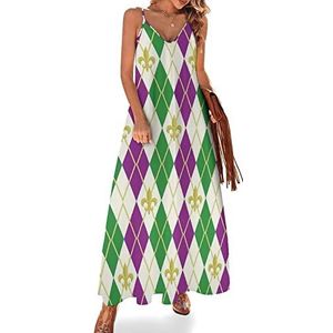 Mardi Gras Argyle Zomerjurk voor dames, maxi-jurk, V-hals, mouwloos, spaghettibandjes, lange jurk