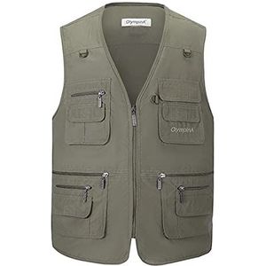 Hwalleum multifunctioneel lichtgewicht zomervest voor heren met meerdere zakken, perfect voor safari, werken, vissen, jagen, trektochten, sneldrogende en ademende jas, top voor fotografie, Leger Groen