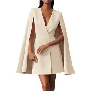 UPPJPBSW Elegante vrouwelijke double-breasted V-hals cape blazerjurk - split mouwen-pak voor feest en zaken,Beige,L