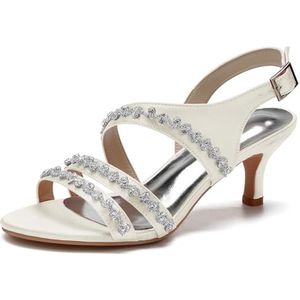 SYDZSW Naald Ivoor Satijn Bruidsschoenen Hoge Hakken Sandaal Hak Bruidsschoenen Bruidsband met Strass 35-43, Ivoor, 43 EU