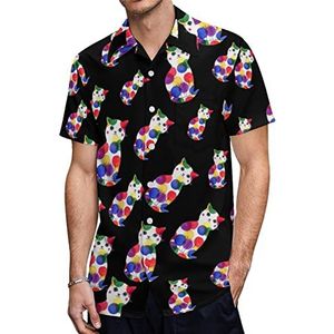 Kleurrijke Kat Heren Korte Mouw Shirts Casual Button-down Tops T-shirts Hawaiiaanse Strand Tees 5XL
