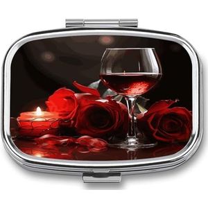 Pil Organizer Schattig, Rode Rose Wijnglas en Kaars Gedrukt Grappige Pillendoos Grote 2 Compartiment Wekelijkse Maandelijkse Reizen Rechthoek Draagbare Pocket Portemonnee Pil Container