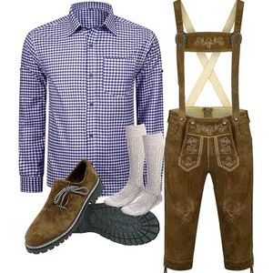 ALL THE GOOD Klederdrachtset voor heren, Oktoberfest (broek + hemd + schoenen + sokken) Beierse lederhose klederdrachtbroek B2, Broek: Brwon & hemd: blauw, broek 46/hemd S
