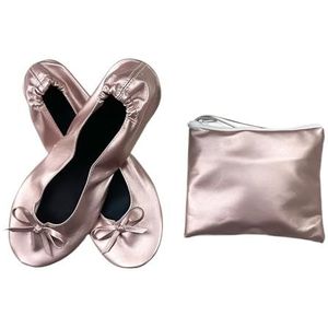 Opvouwbare draagbare ballerina's voor dames, zachte zool, oprolbare pantoffels, instappers, comfortabele platte schoenen voor reizen, bruiloft met tas, opvouwbare platte schoenen voor dames, Roze,