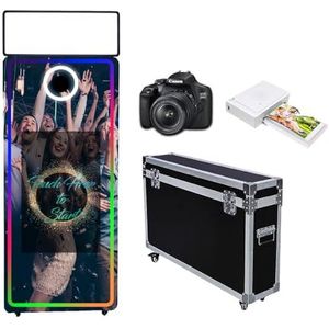 Magic Mirror Fotocabine 150 cm, Flight Case Verpakking, Draagbare 32"" Touch Screen Spiegel Stand Machine voor Bruiloften Feesten Evenementen (Zwarte Machine, 65""/32"" Touchscreen Volledige Set)